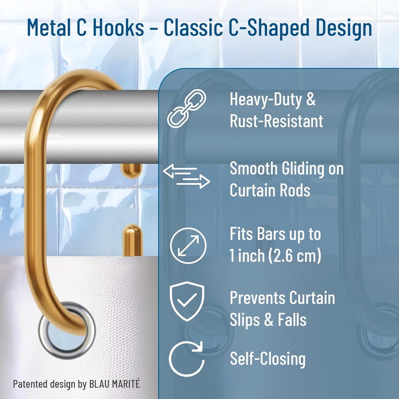 Blau Marité 12 Metal Shower Curtain Hooks, Rust-Proof Decorative C-Shaped Curtain Hooks for Bathroom, Golden Shower Curtain Rings, Fits Rods Up to 1 Inch (C, Gold) - Image 3